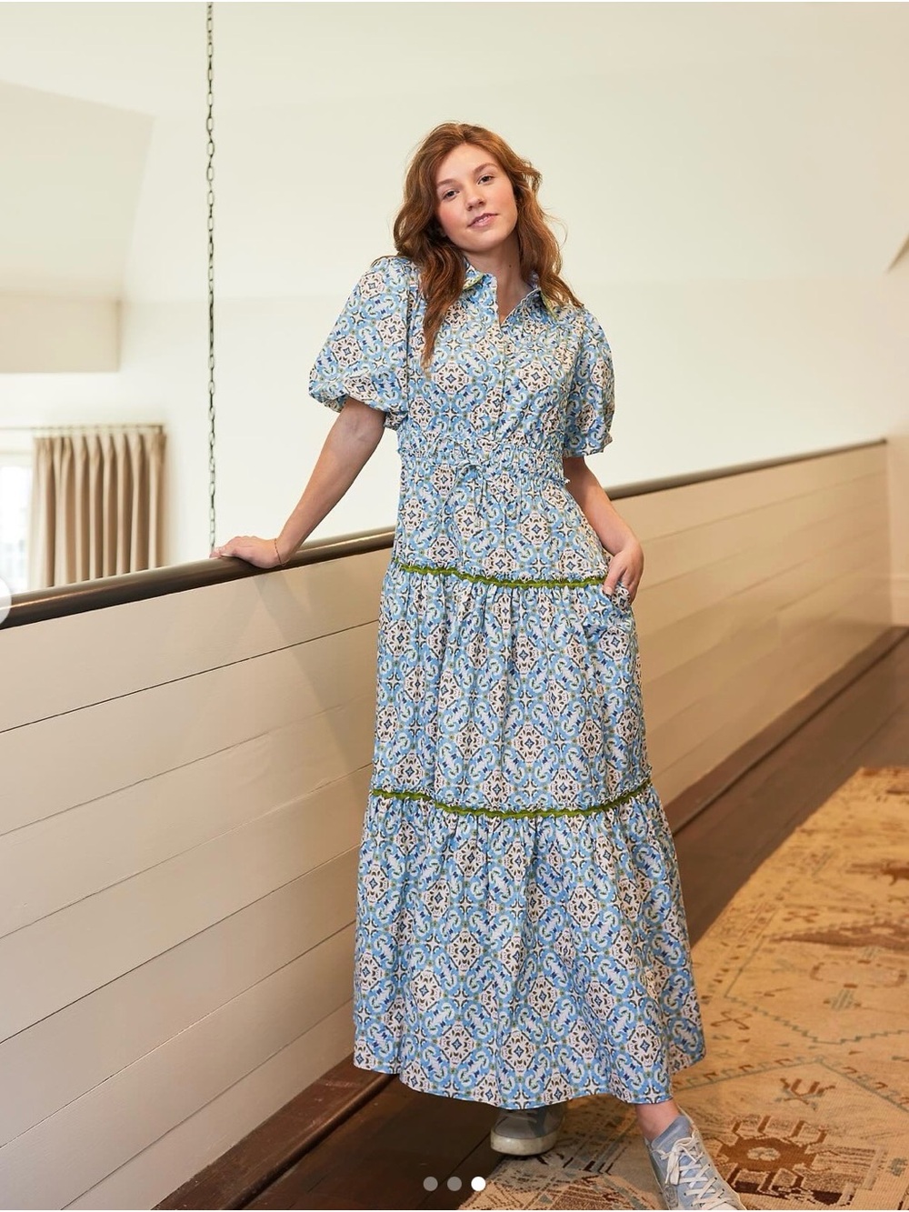 Smocked Tiered Maxi Dress in Light Blue Floral